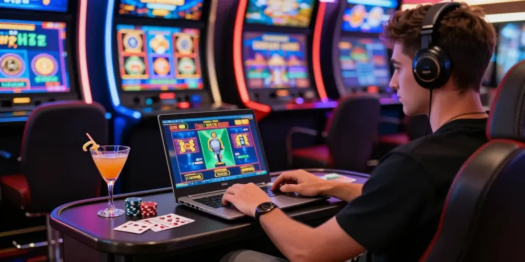 Engaged player at amex casinos playing on a laptop with vibrant game interface and colorful lights.