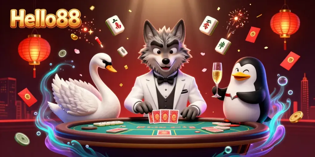 Engage with Hello88 at the baccarat table, featuring a cartoon wolf, elegant swan, and penguin sommelier.