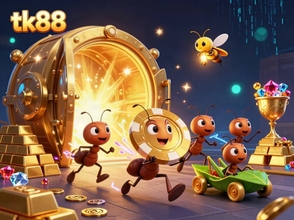 Experience the excitement of tk88 with cartoon ants transporting a giant poker chip in a vibrant heist scene.