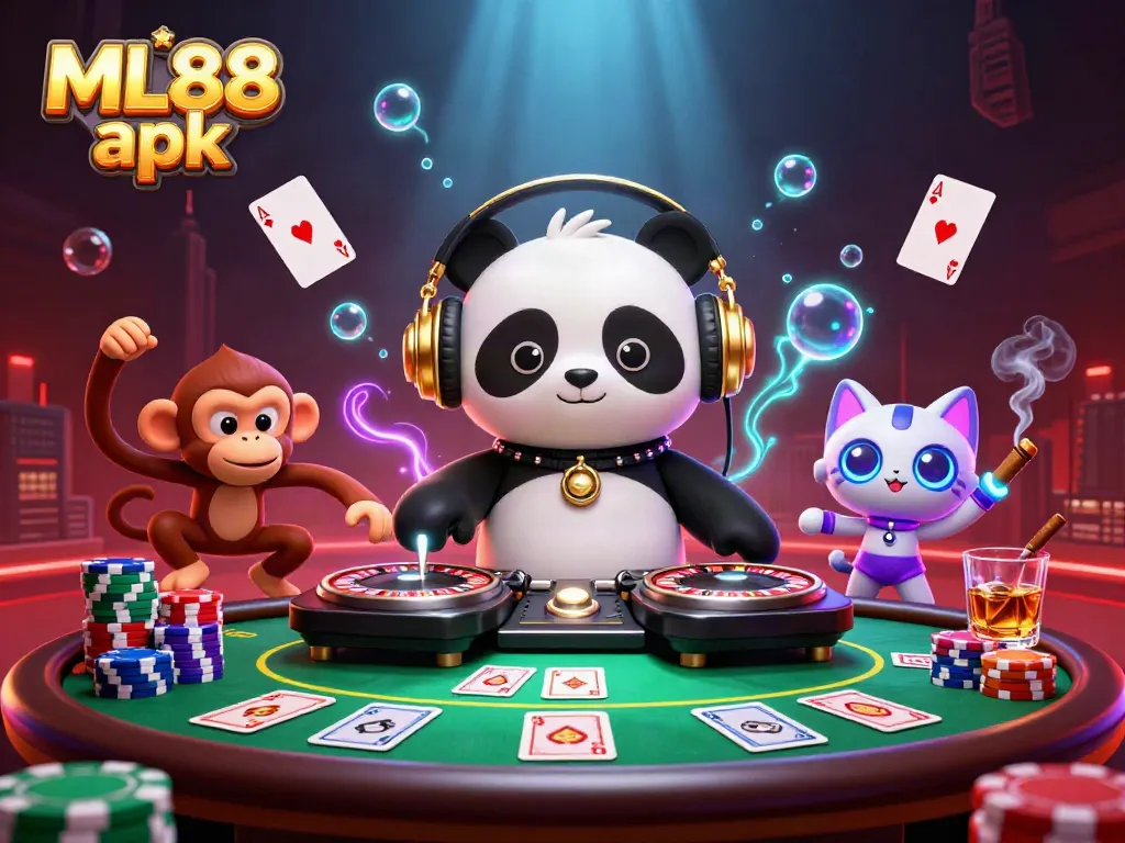 Experience the fun of ML88 apk with a vibrant scene featuring a DJ panda and lively characters in a casino setting.