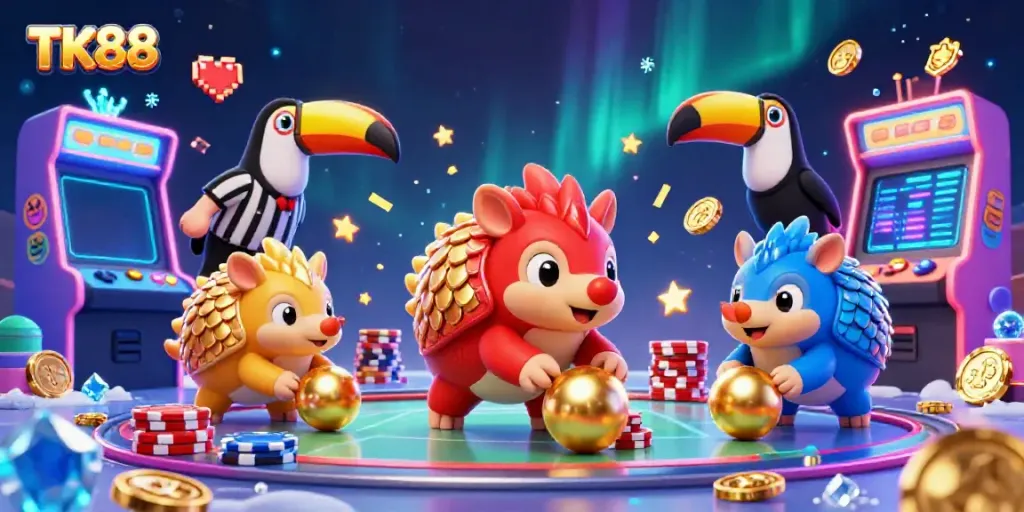 TK88 pangolins compete in a vibrant casino scene with poker chips, arcade games, and animated confetti.