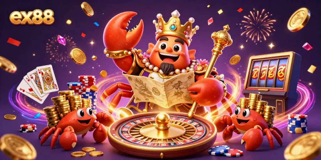Experience vibrant casino action with ex88 featuring a golden crab, poker chips, and exciting games.