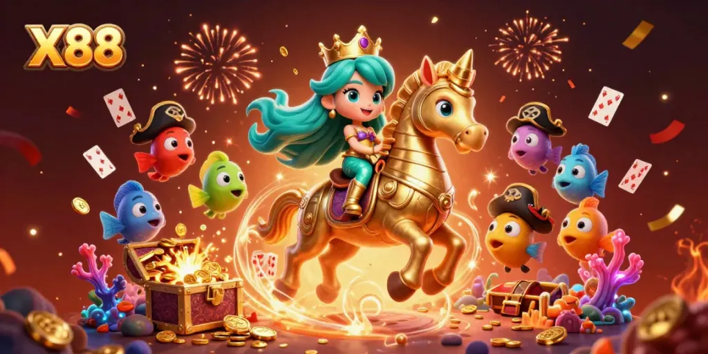 X88 themed illustration of a mermaid princess and seahorse amid exploding treasure and casino elements.