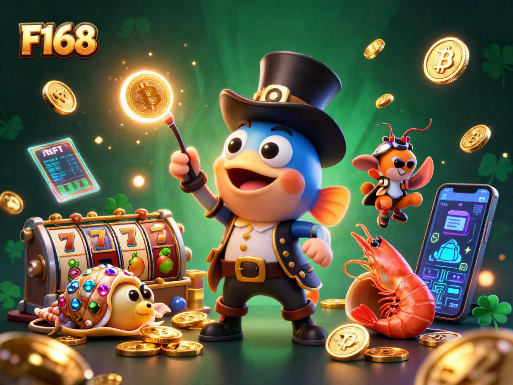 F168 anglerfish attracts golden coins among lively slot symbols in a vibrant casino scene.