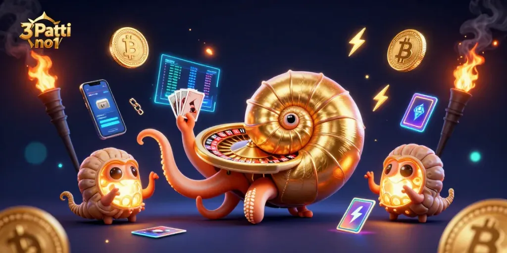 Play exciting card games with 3 Patti no1, featuring vibrant 3D illustrations and casino elements.