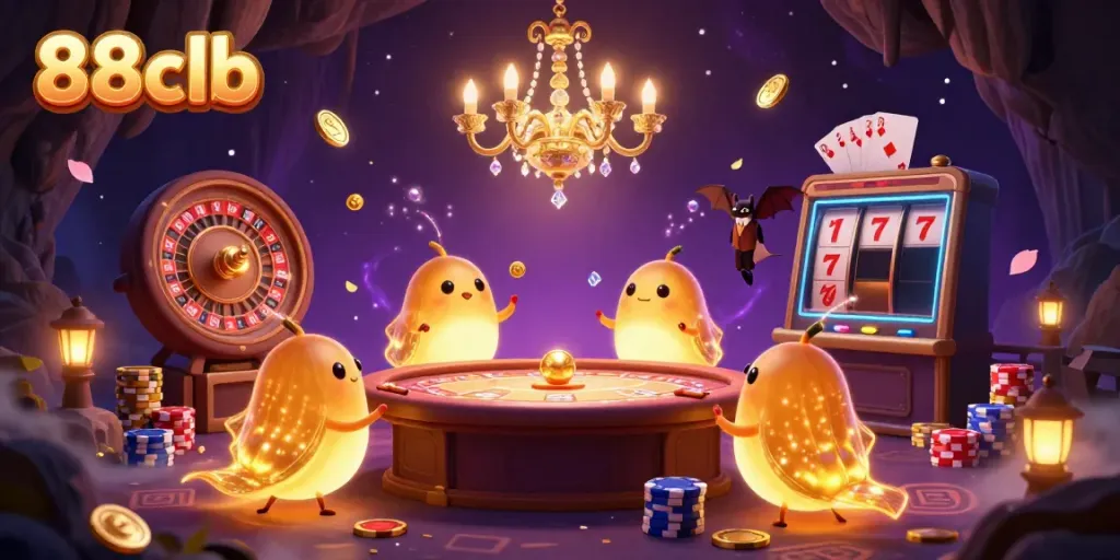 Experience thrilling wins at 88clb's vibrant cave casino, filled with glowworms and dynamic game elements.