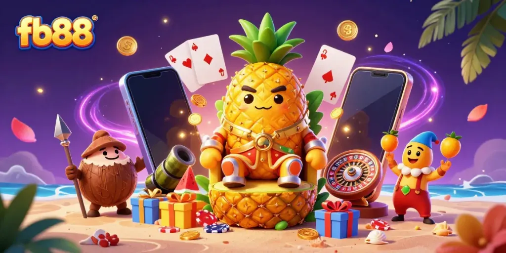 Experience excitement at fb88 with a golden pineapple king and lively casino elements showcasing vibrant slot games and jubilant characters.