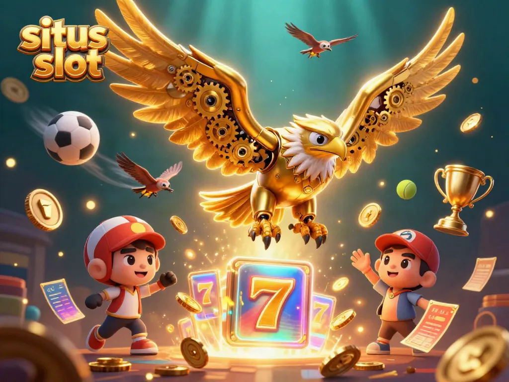 Experience the thrill of situs slot with 3D golden eagle soaring amidst vibrant casino elements.