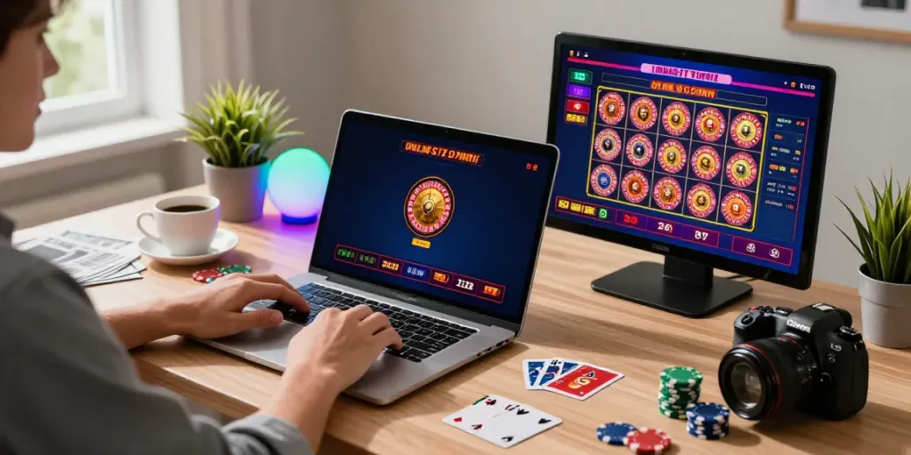 Engaging scene of a user enjoying online credit card casinos at a stylish home workspace.