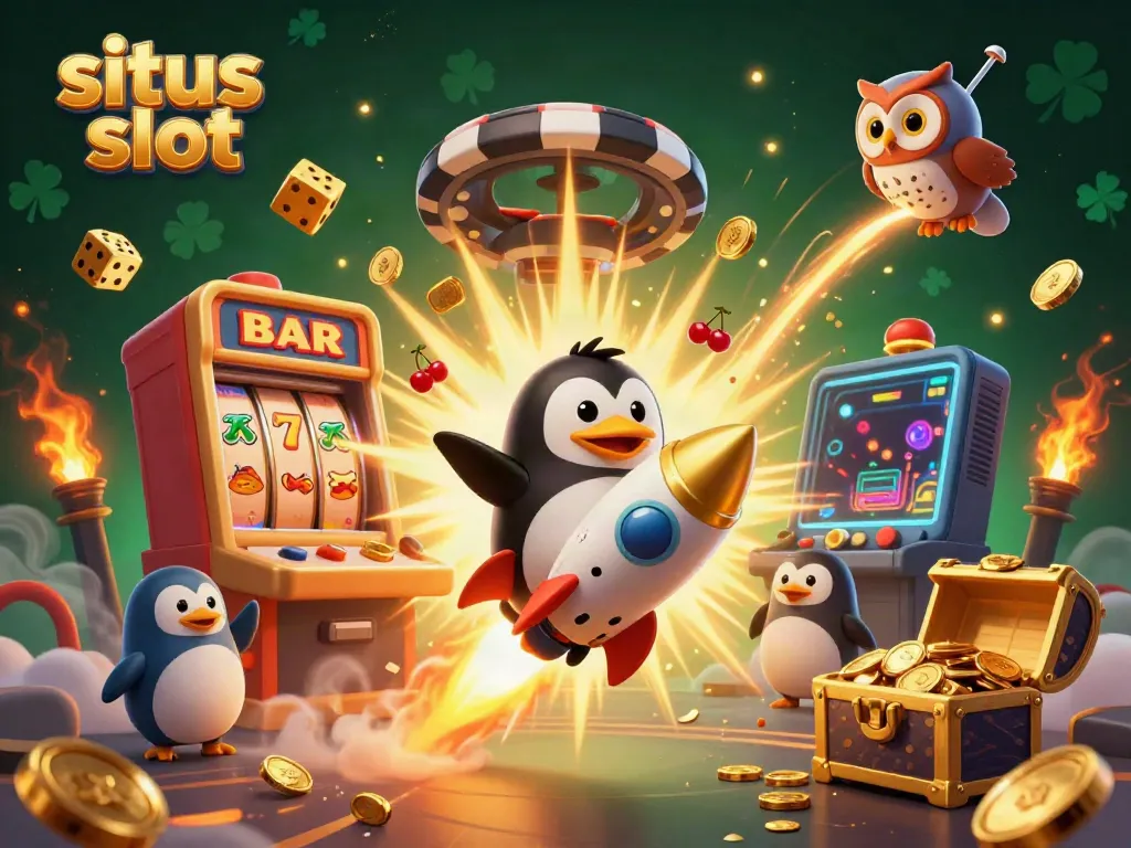 Situs slot themed illustration featuring a golden penguin, a slot machine jackpot, and vibrant casino elements in space.