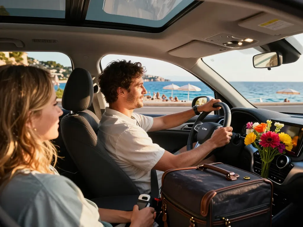 Passagers de Taxi à Saint-Tropez profitant d'une course luxueuse avec des vues pittoresques de la Côte d'Azur.