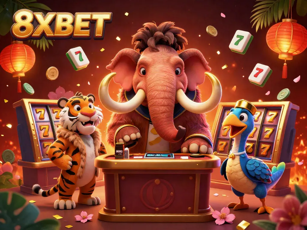 Experience thrilling gameplay at 8XBET with vibrant casino elements including slots, coins, and dynamic characters.