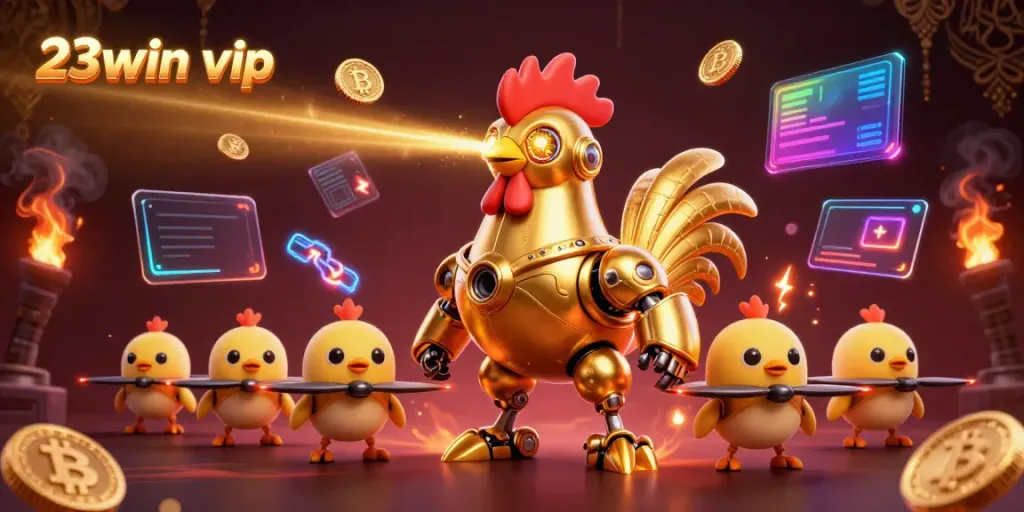 Bet on 23win vip as the golden rooster robot leads with crypto coins and game elements!
