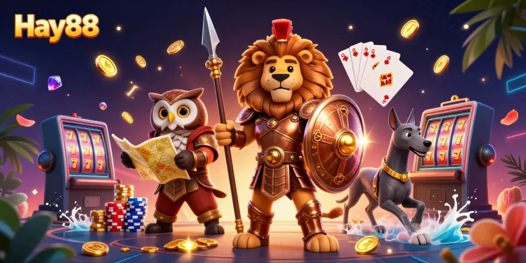 Experience thrilling gameplay at Hay88 with a dynamic scene of a lion hero, owl strategist, and greyhound messenger amid vibrant casino elements.