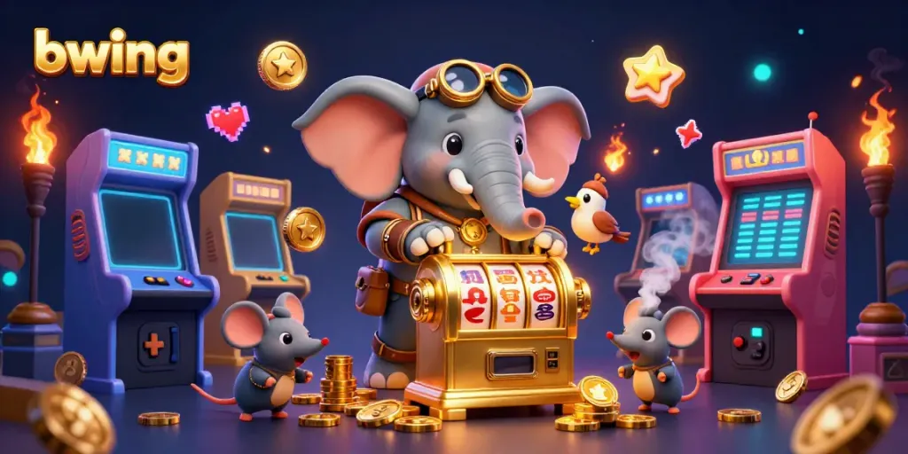 Spin the golden slot machine with bwing as the steampunk elephant engineer entertains with vibrant casino action.