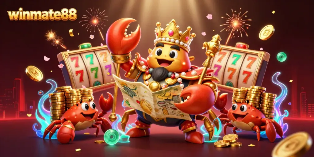 Experience thrill at winmate88 with a 3D golden crab emperor and vibrant casino elements.