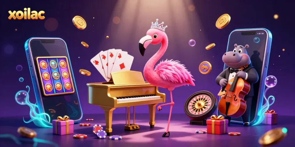 Xoilac casino illustration featuring a flamingo singer, hippo bassist, and vibrant gambling elements.