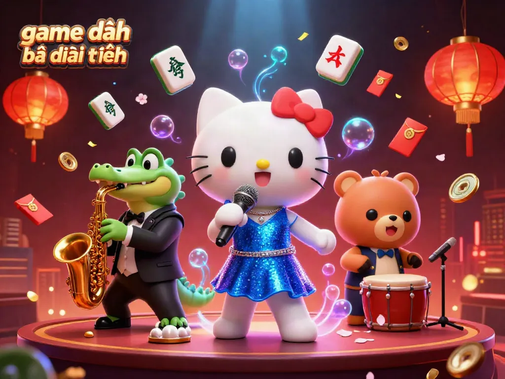 Immerse in the game đánh bài đổi thưởng vibe with lively characters and glowing casino elements.