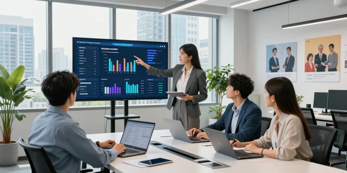 business it support services team collaborating in a modern office environment with digital data displays