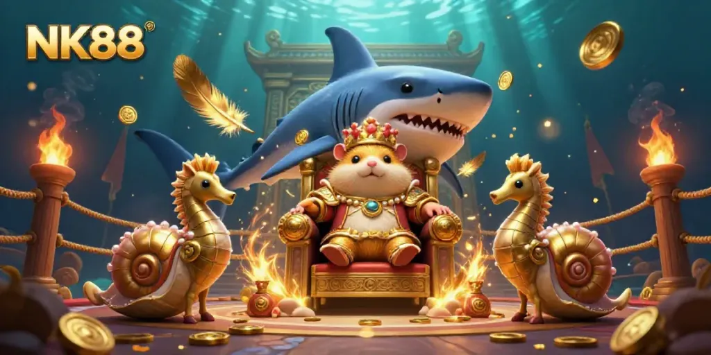 Experience the vibrant and engaging world of NK88 with this illustrated underwater casino scene featuring a golden hamster king.