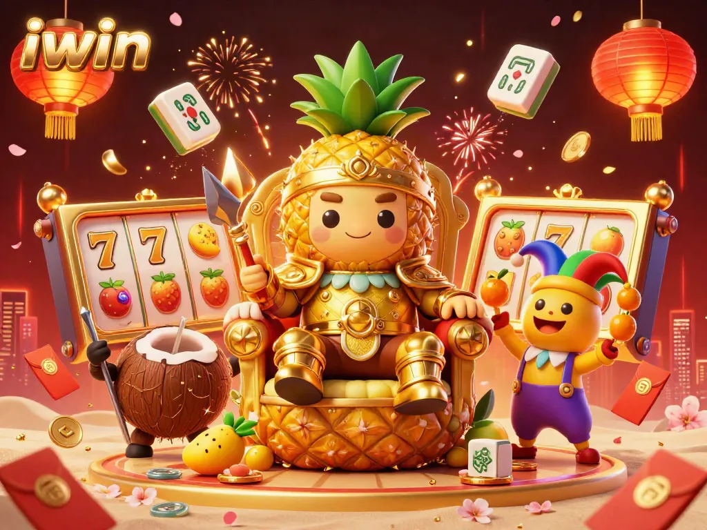 Experience iwin's vibrant beach casino with the golden pineapple king, dynamic slot reels, and lucky charms