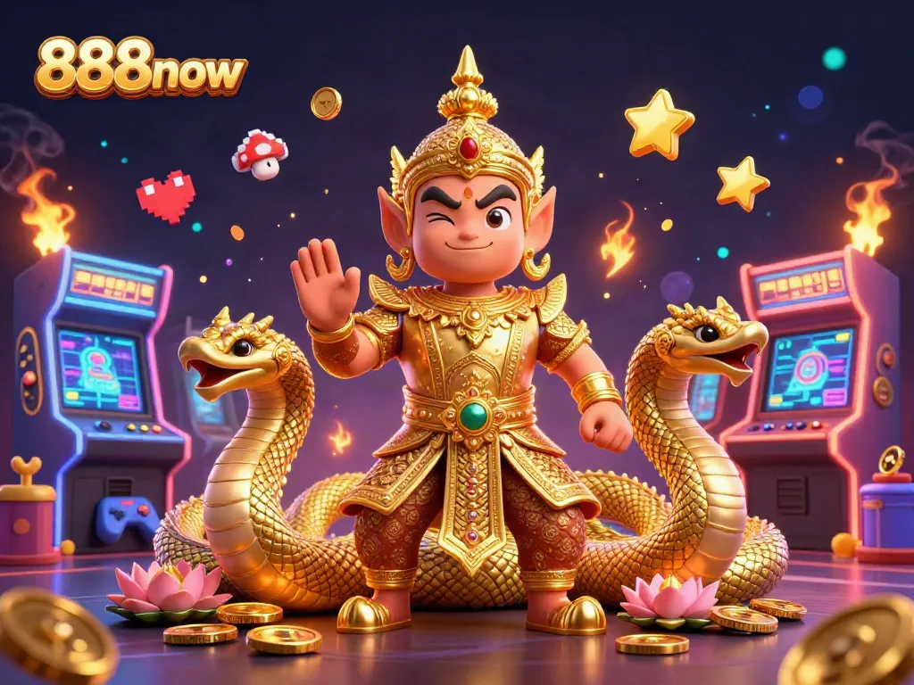 Experience thrilling gameplay with 888now's vibrant casino elements, including gaming machines and animated characters.