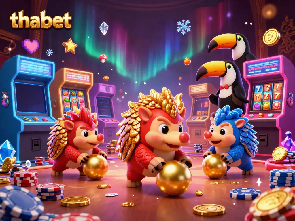 Engaging 3D scene of thabet-themed rival pangolins bowling poker chips and golden balls in a vibrant casino setting.