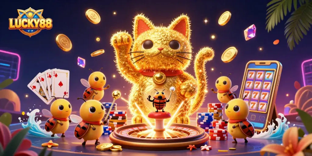 Engage with LUCKY88's vibrant luck cat illustration symbolizing casino excitement and fortune.