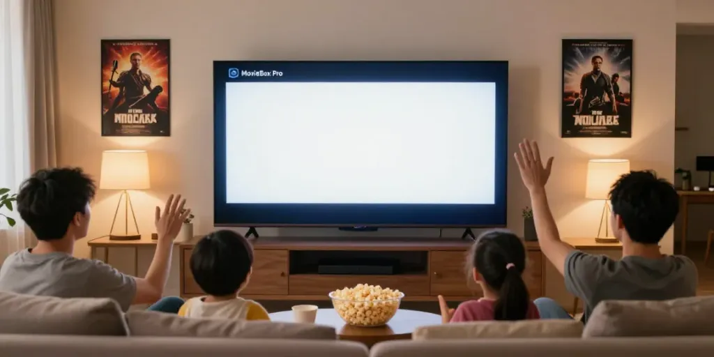Family enjoying a movie night with https://mymovieboxproapp.com/ on the big screen in a cozy living room.