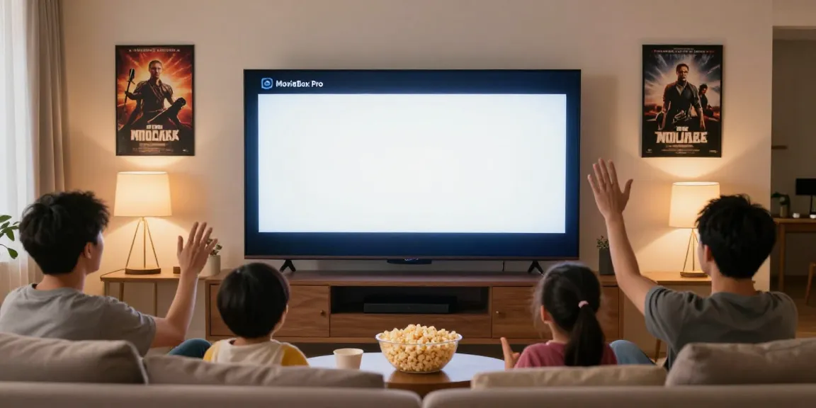 Family enjoying a movie night with https://mymovieboxproapp.com/ on the big screen in a cozy living room.