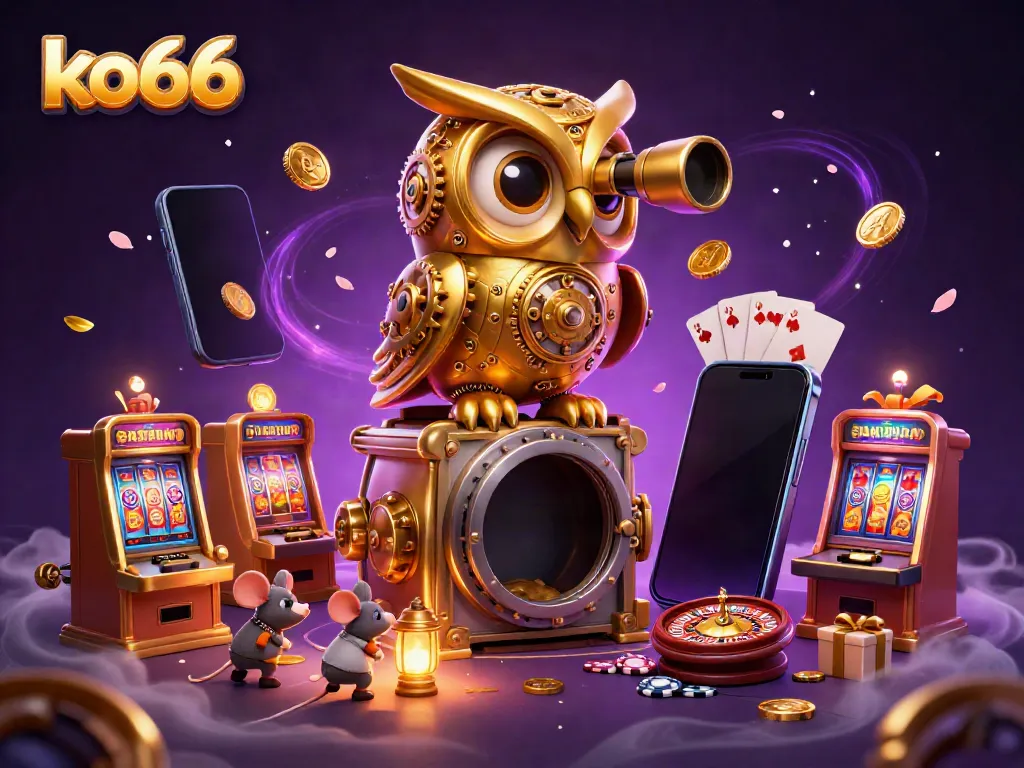 Experience the excitement of the ko66 casino with a rich scene of golden elements, vibrant games, and dynamic characters.