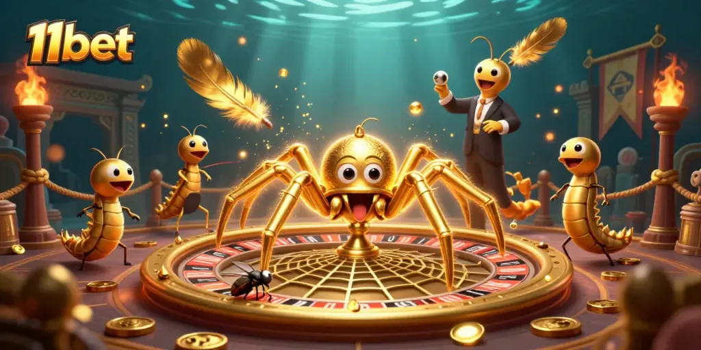 Engage with 11bet through a thrilling roulette scene showcasing a golden spider and vibrant casino elements.