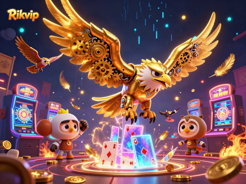 Experience thrilling Rikvip action with a golden eagle soaring amidst vibrant casino elements.