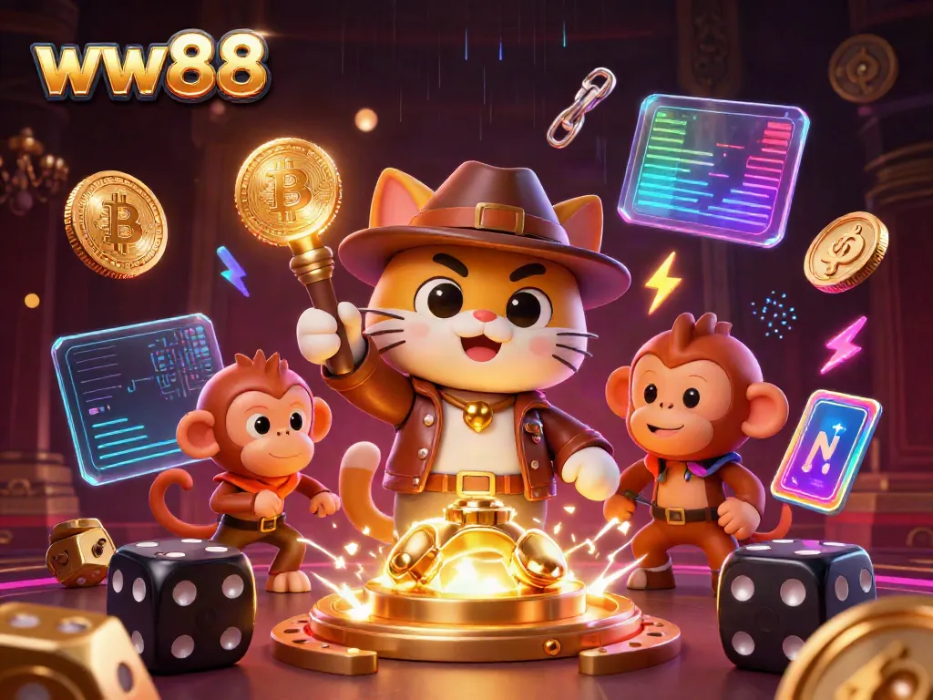 Experience the thrill of ww88 with an explorer cat uncovering casino treasures amidst dynamic digital elements.
