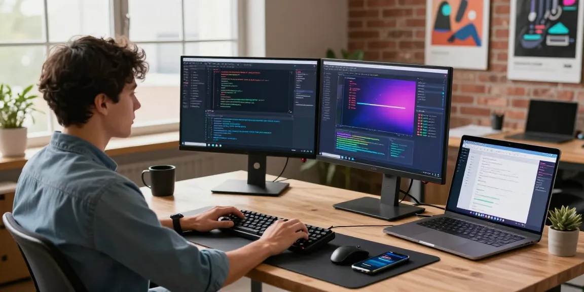 快连 software developer workspace with vibrant dual monitors showing code and UI designs.