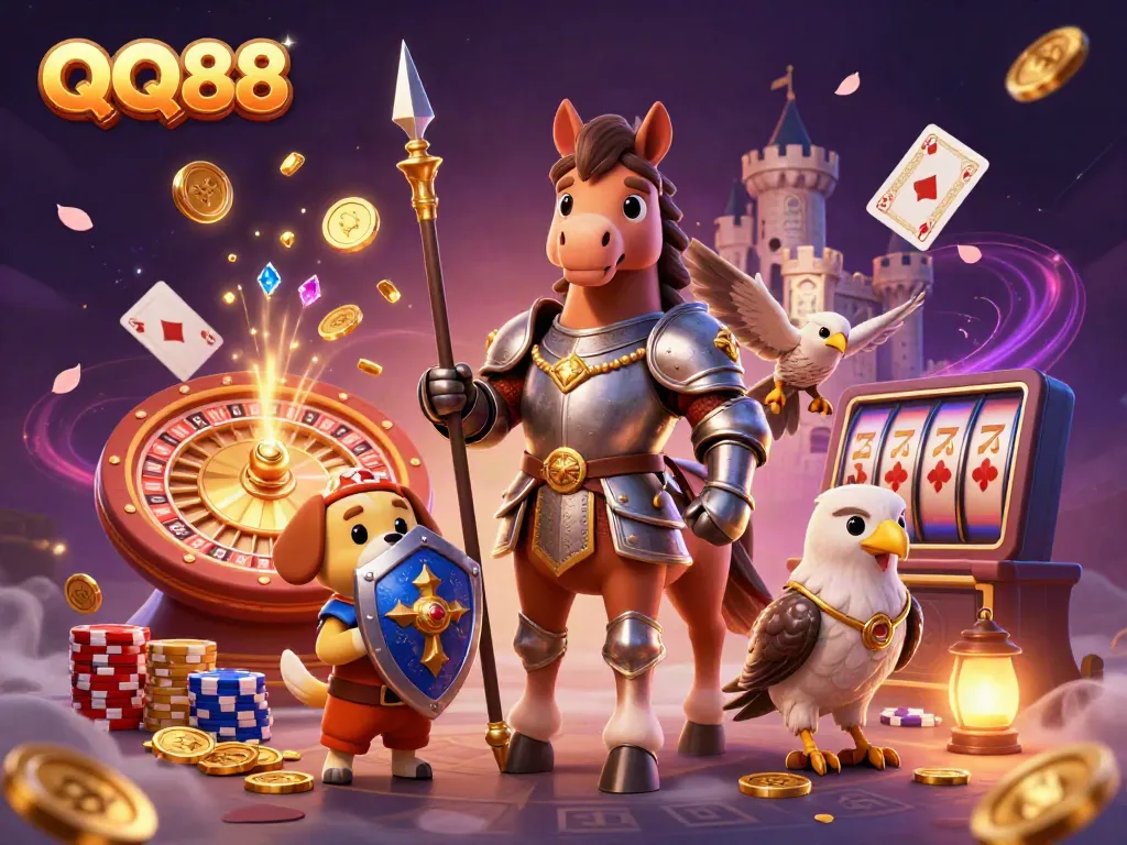 Experience the thrill of QQ88 with an energetic scene of a knight, squire, and falcon amidst casino excitement.
