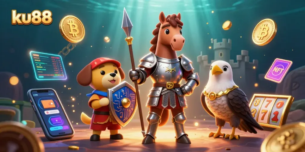 Engage with ku88's exciting casino games showcased in a vibrant 3D scene.
