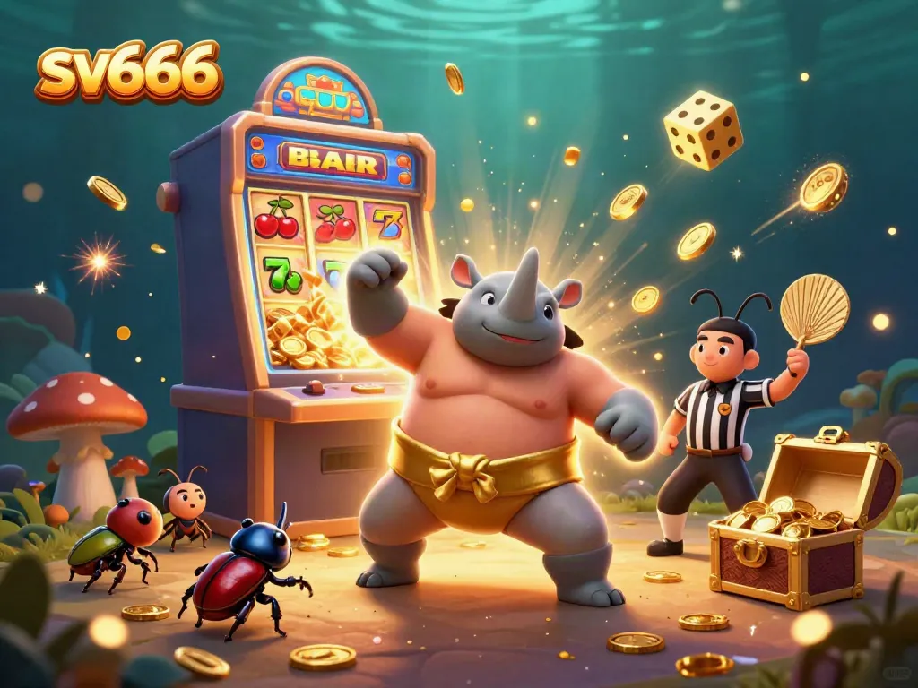 Experience the excitement at sv666 with a dynamic slot machine scene featuring thrilling games and festive coin explosions.
