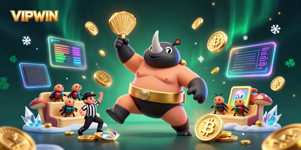 Experience the excitement of VIPWIN with a dynamic scene of a rhinoceros beetle sumo champion and crypto coins in a casino setting.