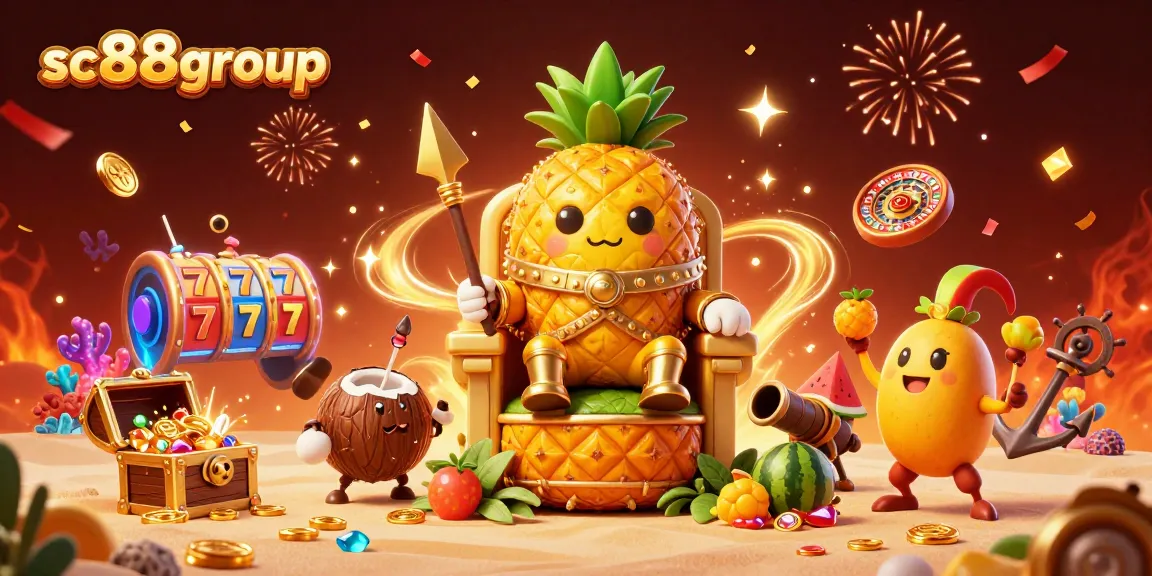 Experience the vibrant world of sc88group with a dynamic casino scene featuring a golden pineapple king and themed gaming elements.