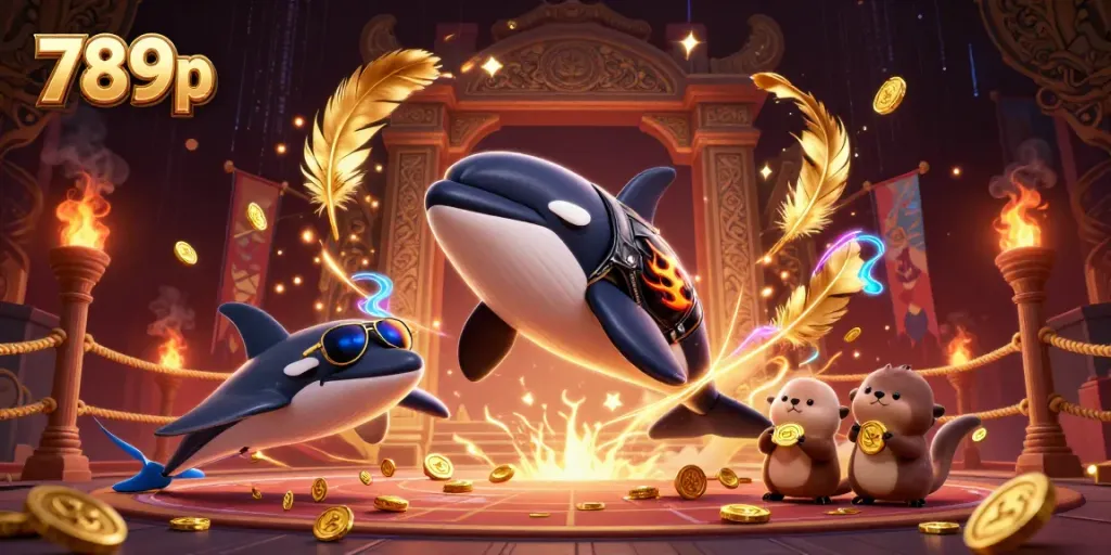 Experience thrilling gaming at 789p with an orca jumpsuit, sea otters, and coins in a vibrant casino scene.