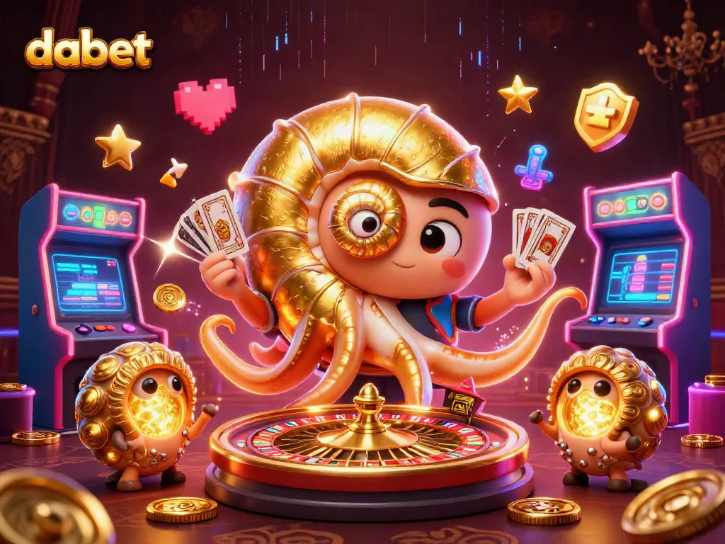 Dabet spins the roulette wheel with a giant nautilus, showcasing vibrant casino excitement.