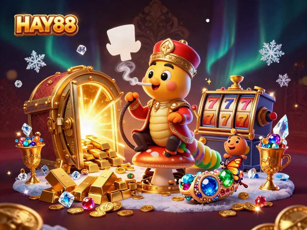 Engaging illustration of HAY88 featuring vibrant casino elements like slot machines and golden treasures.