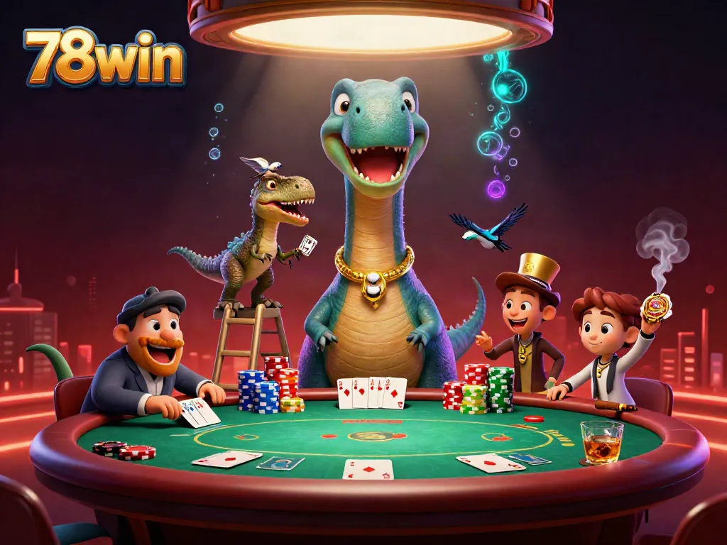 Experience thrilling poker action with 78win's vibrant casino scene featuring unique characters and game elements.