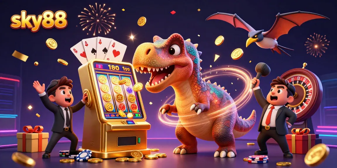 Sky88's pachycephalosaurus celebrating a slot machine jackpot amidst coins and casino elements.