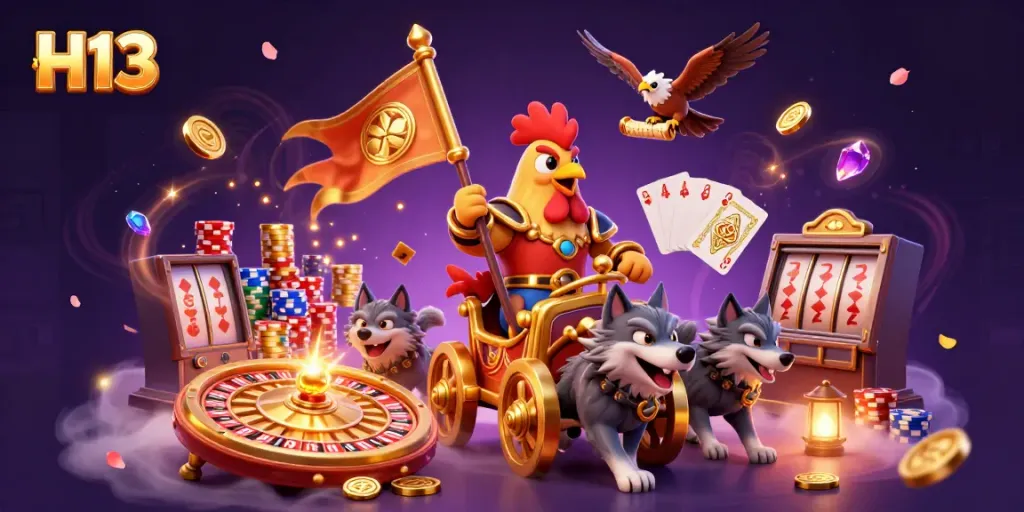 Win big with H13 as the cartoon rooster warlord leads a vibrant casino adventure.