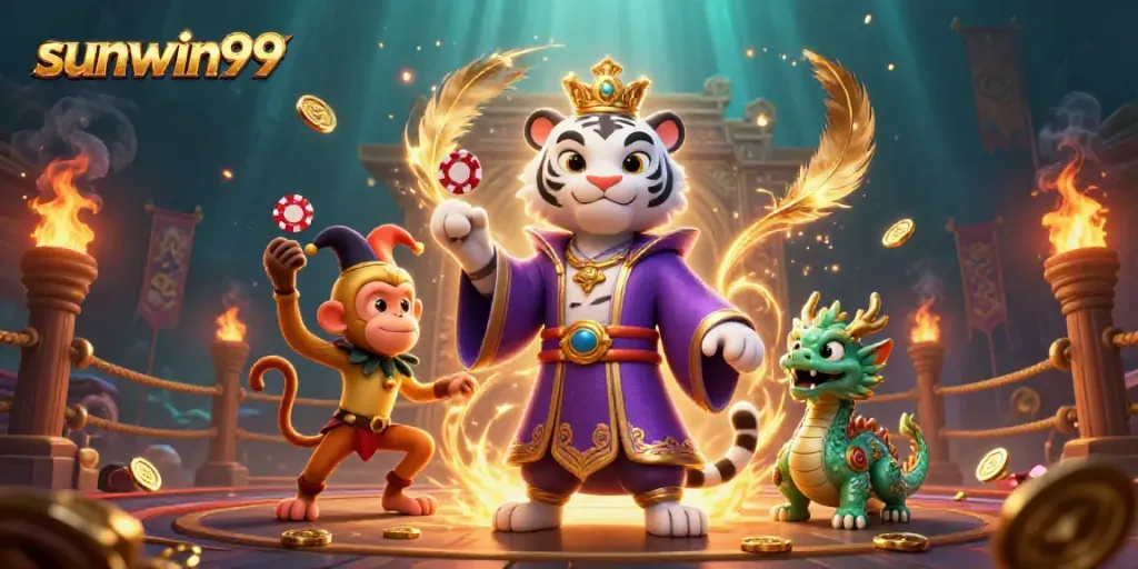 Experience the excitement of sunwin99 with vibrant casino characters and action-packed elements in a rich gaming atmosphere.