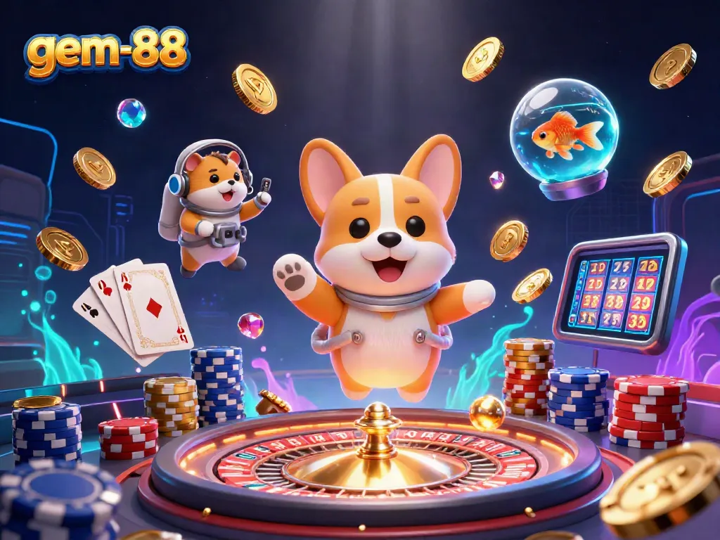 Experience thrilling action at gem-88 with a cartoon astronaut corgi and detailed casino elements.