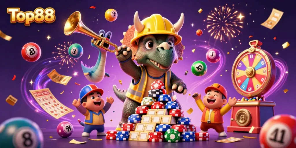 Top88 features a vibrant 3D illustration with a triceratops celebrating while crafting a poker chip pyramid.