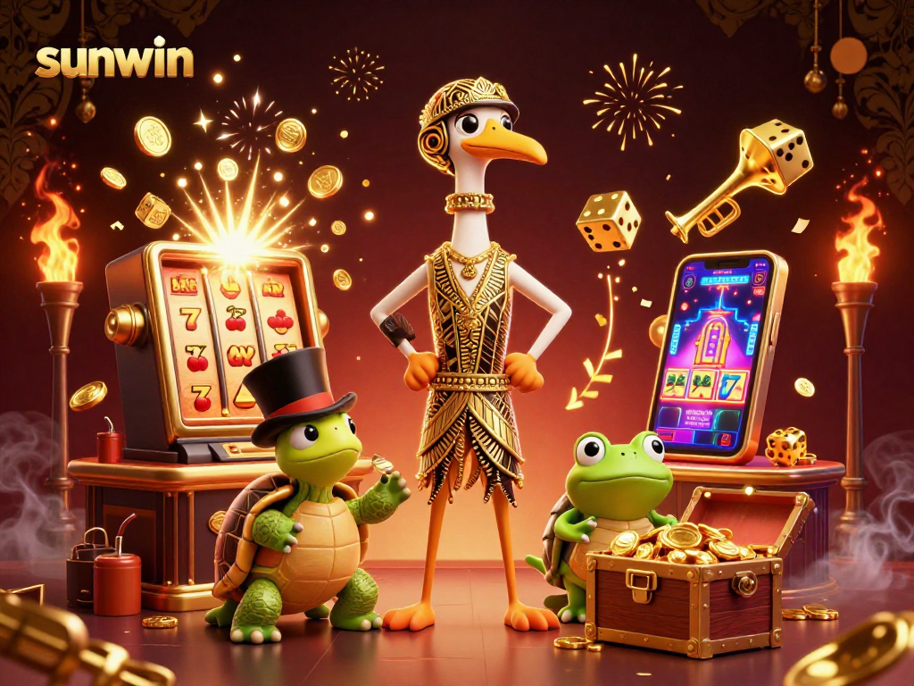 Experience sunwin's exciting casino atmosphere with a vibrant 3D illustration full of dynamic gambling elements.
